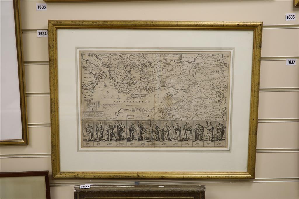 18th century engraving, Mapp of The Travel and Voyages of The Apostles, in particular Saint Paul, 31 x 47cm